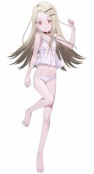 Rule 34 | 1girl, barefoot, blonde hair, camisole, chain, chain leash, collar, expressionless, flat chest, full body, gakuen idolmaster, gradient hair, hair ornament, hairclip, idolmaster, leash, long hair, looking at viewer, multicolored hair, navel, nitrio, no pants, orange eyes, panties, parted lips, red collar, shinosawa hiro, simple background, skinny, solo, toes, underwear, white background, white camisole, white panties