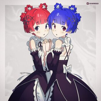Rule 34 | 2girls, :o, alternate costume, animal ear fluff, animal ears, apron, back, back bow, backless dress, backless outfit, bare shoulders, bear ears, bear girl, bib collar, black corset, black dress, black ribbon, blue hair, blunt bangs, blunt ends, blunt sidelocks, border, bow, breasts, center-flap bangs, collar, commentary, corset, cosplay, cowboy shot, criss-cross back-straps, detached collar, detached sleeves, double-parted bangs, dress, dual persona, english commentary, enmaided, eyebrows hidden by hair, fang, flower knot, frilled apron, frilled collar, frilled sleeves, frills, from side, furrowed brow, go! go! gris!, grey ribbon, gris (go! go! gris!), hair intakes, hair ornament, hair ribbon, half updo, hands up, head tilt, heads together, highres, holding hands, hoop skirt, interlocked fingers, juliet sleeves, kwms, large bow, light blush, long eyelashes, long sleeves, looking at viewer, looking to the side, maid, maid apron, matching outfits, multiple girls, neck ribbon, parted lips, petite, ponytail, puffy sleeves, purple eyes, raised eyebrows, raised inner eyebrows, ram (re:zero), ram (re:zero) (cosplay), re:zero kara hajimeru isekai seikatsu, red eyes, red hair, rem (re:zero), rem (re:zero) (cosplay), ribbon, roswaal mansion maid uniform, short hair, short ponytail, sidelocks, skin fang, small breasts, standing, strapless, strapless dress, tareme, thick eyelashes, turning head, twitter logo, twitter username, two-tone dress, underbust, w arms, waist apron, white apron, white background, white border, white bow, white collar, white dress, white trim, wide-eyed, wide sleeves, x hair ornament