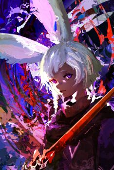 1girl abstract_background absurdres animal_ears colorful commentary dark_skin english_commentary highres kevin_adi looking_at_viewer original purple_eyes rabbit_ears solo sword weapon white_hair