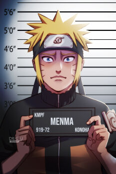 Rule 34 | 1boy, absurdres, barbie (franchise), barbie (live action), barbie mugshot (meme), black headband, blonde hair, blue eyes, character name, commentary, english commentary, facial mark, forehead protector, headband, height mark, highres, holding, holding sign, iamdslr, jacket, konohagakure symbol, male focus, meme, mugshot, nameplate, namikaze menma, naruto: road to ninja, naruto (series), naruto shippuuden, sign, signature, sleeves rolled up, solo, sweatdrop, upper body, uzumaki naruto, watermark, whisker markings