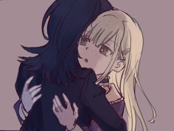 Rule 34 | 2girls, bang dream!, bang dream! it's mygo!!!!!, black hair, black jacket, blue choker, blue dress, brown background, choker, dress, frilled choker, frills, green hair, hair ornament, hairclip, hug, jacket, long hair, long sleeves, medium hair, multiple girls, open mouth, setou (bpdne), upper body, wakaba mutsumi, yellow eyes, yuutenji nyamu