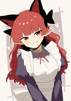 1girl absurdres alternate_costume animal_ear_fluff animal_ears apron back_bow black_dress blush bow cat_ears closed_mouth commentary dress enmaided extra_ears fang fang_out flower hair_bow heart highres juliet_sleeves kaenbyou_rin kapuri_(capuriwa) long_hair long_sleeves looking_at_viewer maid maid_apron neck_ribbon pointy_ears puffy_sleeves red_eyes red_flower red_hair red_rose ribbon rose smile solo touhou twitter_username white_apron white_bow