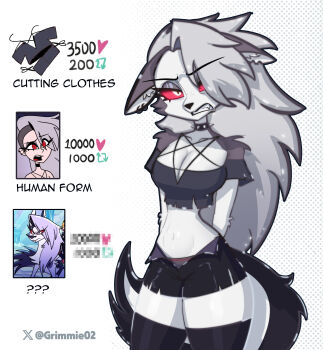 1girl absurdres animal_ears arms_behind_back black_shorts black_thighhighs brown_panties colored_sclera cowboy_shot crop_top fang furry furry_female grey_hair grey_shirt grimmie02 hellaverse helluva_boss highres like_and_retweet long_hair loona_(helluva_boss) navel open_clothes open_shorts panties red_sclera shirt shorts stomach tail teeth thighhighs twitter_strip_game underwear wolf_ears wolf_girl wolf_tail