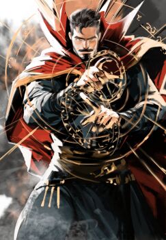 1boy 2022 bara beard black_hair blue_cloak blurry blurry_background cape chinstrap_beard cloak connected_beard doctor_strange doctor_strange_(series) dopey_(dopq) facial_hair gold_trim highres marvel mustache red_cape runes short_hair