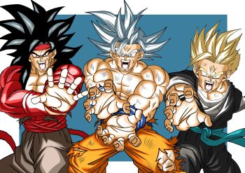 Rule 34 | 3boys, bardock, bardock (xeno), biceps, black hair, blonde hair, blue eyes, commentary request, cross scar, dragon ball, dragon ball heroes, facial scar, family kamehameha, father and son, full body, grandfather and grandson, hand on own elbow, headband, highres, kamehameha (dragon ball), looking at viewer, male focus, martial arts, missing limb, monkey boy, monkey tail, multiple boys, muscular, muscular male, open mouth, pants, pectorals, qcumber illust, red headband, saiyan, scar, scar across eye, scar on cheek, scar on face, short hair, son gohan, son gohan (future), son gohan (future) (xeno), son goku, spiked hair, super saiyan, super saiyan 2, super saiyan 4, tail, teeth, ultra instinct, wristband