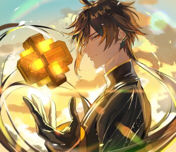 1boy ahoge black_gloves black_hair black_jacket brown_eyes brown_hair closed_mouth cloud cloudy_sky commentary earrings eyeliner floating floating_hair floating_object from_side genshin_impact gloves glowing gradient_hair hair_between_eyes highres jacket jewelry koujisako long_hair long_sleeves looking_at_viewer low_ponytail makeup male_focus multicolored_hair outdoors ponytail sky smile solo sunlight symbol-only_commentary twitter_username upper_body yellow_eyes zhongli_(genshin_impact)