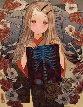 1girl black_nails blonde_hair colored_eyelashes ear_piercing flower gakuen_idolmaster hair_ornament hairclip hairpin highres holding idolmaster ink_stamp japanese_clothes kimono looking_at_viewer mallrn nail_polish orange_eyes piercing raised_eyebrows red_kimono ribs shinosawa_hiro skeleton smile solo x-ray x-ray_film