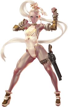 1girl :o armpits artist_request bad_source bare_legs bare_shoulders blue_eyes breasts bullet clenched_hands crystal_maiden_(series) detached_sleeves forehead full_body game_cg groin gun handgun highres long_hair looking_to_the_side mercy_(crystal_maidens) official_art ponytail revolver solo thigh_strap third-party_source transparent_background variant_set weapon white_hair