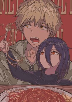 1boy 1girl absurdres black_hair black_sweater blonde_hair chainsaw_man choppy_bangs commentary_request denji_(chainsaw_man) double-parted_bangs food fork grey_jacket hair_between_eyes highres holding holding_fork jacket karan_koron100 long_hair_between_eyes looking_at_another nayuta_(chainsaw_man) open_mouth pasta plate red_background red_eyes ringed_eyes sharp_teeth short_hair spaghetti sweater teeth tomato_sauce yellow_eyes