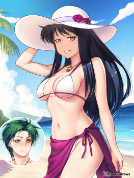 Rule 34 | 1boy, 1girl, absurdres, arm up, astrid (fire emblem), beach, bikini, black hair, blush, breasts, cleavage, commission, commissioner upload, cut-in, etchimune, fire emblem, fire emblem: radiant dawn, green hair, hat, highres, jewelry, long hair, looking at viewer, medium breasts, nintendo, non-web source, ocean, orange eyes, outdoors, pendant, purple sarong, sarong, sideboob, smile, solo focus, sothe (fire emblem), sun hat, swimsuit, underboob, white bikini, yellow eyes
