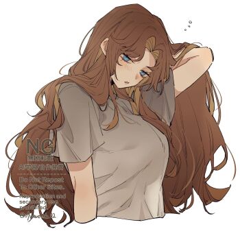 1girl arm_behind_head blue_eyes breasts brown_hair curtained_hair grey_shirt head_tilt highres large_breasts light_blush limbus_company long_hair looking_at_viewer mole mole_under_eye parted_lips project_moon rodion_(project_moon) shirt short_sleeves simple_background sleepy solo squeans upper_body vx7givcony78710 watermark white_background