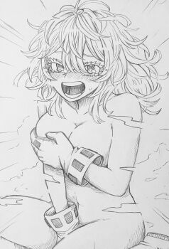 1girl between_legs blush boku_no_hero_academia breasts cleavage collarbone commentary completely_nude covering_breasts covering_crotch covering_privates cowboy_shot crying crying_with_eyes_open double-parted_bangs embarrassed emphasis_lines eyelashes gloves graphite_(medium) hagakure_toru hair_between_eyes hand_between_legs highres large_breasts long_bangs long_hair looking_at_viewer messy_hair monochrome nagatomo1565 naked_gloves navel nose_blush nude open_mouth sitting solo stomach sweatdrop symbol-only_commentary tears traditional_media wavy_eyes