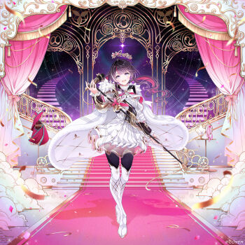 1girl :d absurdres azki_(hololive) azki_(prima_diva)_(hololive) black_corset black_hair blonde_hair boots bow bowtie cape center_frills colored_inner_hair commentary_request confetti copyright_notice corset crown curtains double-parted_bangs dress floating_crown floating_hair frilled_dress frills full_body fur_cape gold_trim hair_between_eyes hair_intakes highres holding holding_microphone hololive jacket layered_skirt long_hair long_sleeves looking_at_viewer microphone miniskirt mole mole_under_eye multicolored_hair muto_(n0sug4r) official_alternate_costume official_alternate_hairstyle official_art open_mouth pink_hair pleated_skirt purple_eyes see-through_skirt_layer shirt sidelocks skirt smile solo stairs straight-on streaked_hair teeth thigh_boots upper_teeth_only virtual_youtuber white_boots white_bow white_bowtie white_cape white_hair white_jacket white_shirt white_skirt