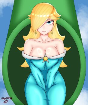 Rule 34 | absurdres, blonde hair, blue eyes, breasts, dress, earrings, ghostpoisonart, hair between eyes, highres, jewelry, large breasts, mario (series), mature female, nintendo, off-shoulder dress, off shoulder, rosalina, star (symbol), star earrings, super mario galaxy, thick thighs, thighs