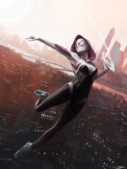 Rule 34 | 1girl, \m/, absurdres, arm up, black bodysuit, blue shoes, bodysuit, breasts, building, city, cityscape, commentary, dutch angle, english commentary, highres, hood, hood up, hooded bodysuit, leg up, looking up, marvel, mask, medium breasts, midair, multicolored bodysuit, new york city, nibkuna, outdoors, outstretched arm, pink bodysuit, print bodysuit, shoes, signature, silk, skyline, skyscraper, sneakers, solo, spider-gwen, spider-man (series), spider-verse, spider web, spider web print, sunrise, superhero costume, swinging on web, white bodysuit, white hood, white mask