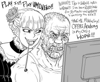 1boy 1girl :d bb_(baalbuddy) beard beatrice_(umineko) blunt_bangs blush choker clenched_teeth commentary coomer_(meme) dress english_commentary english_text facial_hair fang flower greyscale grin hair_bun hair_flower hair_ornament highres kiseru meme monitor monochrome mouth_hold open_mouth original rose short_hair simple_background single_hair_bun smile smoking_pipe smoking_pipe_in_mouth smug snot tears teeth umineko_no_naku_koro_ni very_short_hair white_background wojak