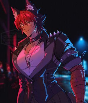1boy absurdres animal_ear_piercing animal_ears artblock02 bandaged_arm bandages black_choker black_hair black_jacket choker commentary dog_boy dog_ears dog_tail english_commentary highres jacket jewelry komano_manato male_focus multicolored_hair necklace pectoral_cleavage pectorals red_bandage red_eyes red_hair scar scar_on_chest scar_on_face tail zenless_zone_zero