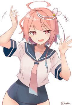 1girl ahoge blush breasts commentary_request cowboy_shot hair_ornament highres i-58_(kancolle) kantai_collection koshka_pic long_hair one-piece_swimsuit open_mouth pink_hair sailor_collar school_swimsuit school_uniform serafuku short_hair solo swimsuit swimsuit_under_clothes twitter_username white_background
