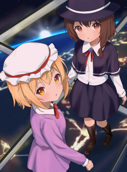 2girls :o absurdres black_capelet black_skirt blonde_hair blush bow bowtie brown_eyes brown_hair brown_shoes brown_socks capelet collared_dress collared_shirt contrast_collar dress dress_shirt earth_(planet) from_above hair_ribbon hat hat_ribbon highres long_sleeves looking_at_viewer maribel_hearn mob_cap multiple_girls open_mouth planet purple_dress red_bow red_bowtie red_ribbon ribbon satellite shiro_(user_1048334293) shirt shirt_ribbon shoes short_hair skirt sleeve_cuffs socks space standing sun torifune_(touhou) touhou untucked_shirt usami_renko white_shirt yellow_eyes