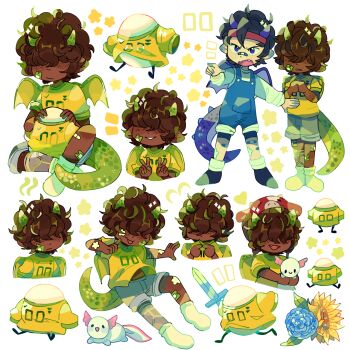 2boys animal axolotl bandaid bandaid_on_face black_hair blue_horns blue_overalls bobby_(quackity_smp) brown_hair child closed_mouth commentary creature_and_personification dark-skinned_male dark_skin double_v dragon_boy dragon_horns dragon_tail egg english_commentary flower freckles green_horns hair_over_eyes highres horns long_sleeves male_focus minecraft_youtube mooshroom multiple_boys multiple_views open_mouth overalls personification purple_eyes quackity_smp richarlyson_(quackity_smp) shirt short_hair shorts simple_background sleepy_cheeky smile standing star_(symbol) sword tail v weapon white_background white_shirt yellow_shirt