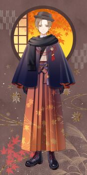 1boy absurdres autumn_leaves black_boots black_capelet black_gloves boots brown_background brown_eyes brown_hair brown_hakama brown_hat brown_kimono capelet commentary_request commission copyright_request full_body gloves hakama hakama_skirt hat highres japanese_clothes kimono lace-up_boots leaf male_focus maple_leaf myusha official_art round_window shirt skirt solo standing taishou virtual_youtuber white_shirt window yagasuri