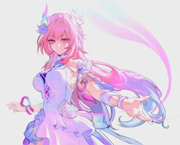 1girl bare_shoulders binjung_2 blue_hair breasts clothing_cutout commentary_request cyrene_(honkai:_star_rail) cyrene_(ripples_of_past_reverie)_(honkai:_star_rail) diamond-shaped_pupils diamond_(shape) dress flower hair_flower hair_ornament highres honkai:_star_rail honkai_(series) korean_commentary large_breasts long_hair pink_hair purple_eyes side_cutout simple_background solo symbol-shaped_pupils very_long_hair white_background white_dress white_hair