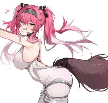 1girl absurdres armpit_crease bare_shoulders black_bow bodysuit bow breasts commentary cowboy_shot from_side hair_between_eyes hair_bow hairband heart highres large_breasts leaning_forward long_hair looking_at_viewer lupa_(wuthering_waves) metal_hairband multicolored_hair multiple_hair_bows open_mouth oxooxo666 pink_hair red_pupils simple_background smile solo streaked_hair sweat tail white_background white_bodysuit wolf_tail wuthering_waves yellow_eyes