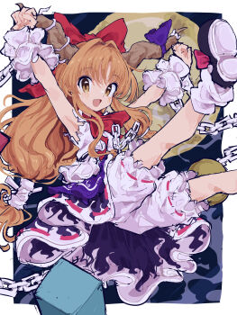 1girl absurdres armpits arms_up black_shoes bow bowtie brown_eyes brown_horns chain clenched_hands cube fang feet_up flame_print footwear_bow frilled_cuffs frilled_shorts frilled_skirt frills full_moon hair_bow hair_ribbon highres horn_ornament horns ibuki_suika immaterial_and_missing_power light_blush long_hair looking_at_viewer loose_socks low-tied_long_hair moon mugi_(mugimugi_9kv) oni open_mouth orange_hair orb outside_border purple_ribbon purple_skirt pyramid_(geometry) red_bow red_bowtie ribbon ribbon-trimmed_shorts ribbon-trimmed_skirt ribbon_trim shirt shoes shorts skirt sleeveless sleeveless_shirt smile socks solo teeth touhou upper_teeth_only white_shirt white_socks white_wrist_cuffs wrist_cuffs