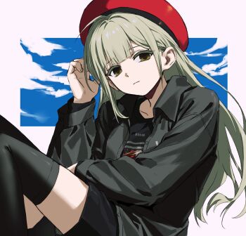 1girl bang_dream! bang_dream!_it&#039;s_mygo!!!!! beret black_jacket black_shirt black_shorts black_thighhighs closed_mouth green_hair hand_up hat highres jacket long_hair looking_at_viewer mortis_(bang_dream!) mortis_(costume)_(bang_dream!) red_hat shirt shorts solo thighhighs wakaba_mutsumi yellow_eyes zx277x