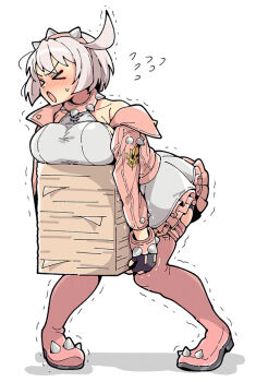 >_< 1girl ahoge bare_shoulders black_gloves blush bob_cut boots bracelet breast_rest breasts closed_eyes collar collarbone dress elphelt_valentine fingerless_gloves gloves guilty_gear guilty_gear_strive hairband holding holding_paper huge_ahoge itsuka_neru jacket jewelry large_breasts nose_blush open_mouth paper paper_stack pink_boots pink_collar pink_hairband pink_jacket short_dress short_hair shorts_under_dress sleeveless sleeveless_dress solo spiked_bracelet spiked_collar spiked_hairband spiked_jacket spiked_legwear_garter spiked_thighlet spikes sweatdrop thigh_boots trembling trembling_legs v-shaped_eyebrows white_hair
