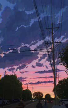 absurdres car chinese_commentary chromatic_aberration cloud cloudy_sky commentary_request fangpeii gradient_sky highres lamppost motor_vehicle original outdoors people power_lines road scenery sky street tree twilight utility_pole