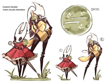 2girls absurdres antennae arthropod_girl bag bare_shoulders black_eyes black_skin bracelet cloak colored_skin commentary english_commentary full_body fur-trimmed_cloak fur_trim gold_bracelet highres hollow_eyes hollow_knight hollow_knight:_silksong horned_mask hornet_(hollow_knight) jewelry mask momoiiroo multiple_girls needle_(hollow_knight) no_mouth red_bag red_cloak shakra_(hollow_knight) simple_background standing weapon weapon_on_back white_background white_mask