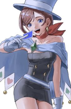 ace_attorney apollo_justice:_ace_attorney between_fingers blue_cape blue_eyes brown_hair cape card commentary_request diamond_earrings dress earrings gloves hat highres holding holding_card jewelry looking_at_viewer magician open_mouth playing_card red_scarf scarf shiro4427 short_dress short_hair smile strapless strapless_dress top_hat trucy_wright white_gloves