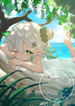 1girl absurdres alternate_hairstyle blue_sky cloud commentary day foot_up genshin_impact gradient_hair green_eyes green_hair hair_bun hair_ornament highres leaf_hair_ornament looking_at_viewer lying mimoza_(mmmimoza_5) multicolored_hair nahida_(genshin_impact) on_stomach one_eye_closed outdoors parted_lips pointy_ears sample_watermark shade sky solo star-shaped_pupils star_(symbol) symbol-shaped_pupils water watermark watermark_grid white_hair