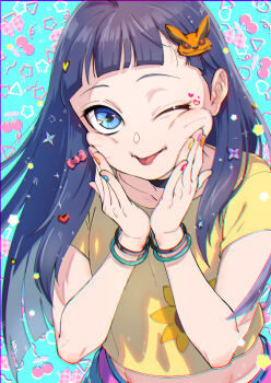 1girl animal_hair_ornament artist_name black_hair blue_background blue_eyes boruto:_two_blue_vortex bracelet chromatic_aberration collarbone facial_mark floral_print hal_(sakurajam) hands_on_own_cheeks hands_on_own_face highres kurama_(naruto) long_hair multiple_bracelets nail_polish naruto_(series) one_eye_closed print_shirt shirt short_sleeves solo sunflower_print uzumaki_himawari whisker_markings yellow_shirt