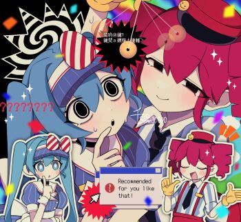 2girls ? black_background black_choker black_eyes black_hat black_necktie blue_hair blue_hat blue_shirt bow bright_pupils choker closed_eyes closed_mouth coin collared_shirt confetti cursor diagonal-striped_bow english_text gloves hair_bow half-closed_eyes hand_up hat hat_bow hatsune_miku highres holding holed_coin hypnosis kasane_teto long_hair looking_at_viewer mesmerizer_(vocaloid) microsoft_windows mind_control multiple_girls necktie open_mouth pants parted_lips pixel_text pointing pointing_up puffy_short_sleeves puffy_sleeves red_bow red_hat red_pants senn10000 shirt short_sleeves smile sparkle striped_bow twintails two-tone_bow two-tone_hat two-tone_shirt upper_body utau very_long_hair visor_cap vocaloid white_bow white_pupils white_shirt window_(computing) windows_95 windows_classic yellow_gloves
