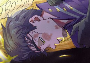 1boy adam_(hazbin_hotel) bad_id bad_twitter_id black_gloves bleeding blood brown_hair bruise bruise_on_face english_text expressionless gloves half-closed_eyes halo hazbin_hotel hellaverse highres injury looking_down lowlifescore male_focus parted_lips profile short_hair solo speech_bubble upper_body yellow_blood yellow_eyes yellow_halo