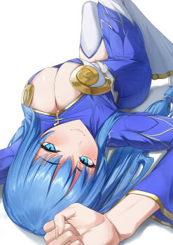 1girl absurdres amepa_(ame_pinecandy) ao_dai blue_eyes blue_hair blue_lotus_(flower_knight_girl) blush breasts commentary_request flower_knight_girl highres large_breasts long_hair lying smile thighhighs white_background white_thighhighs