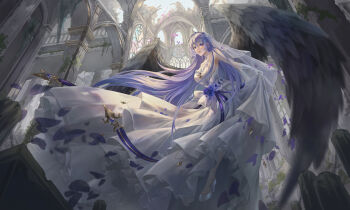 1girl absurdres arch architecture azur_lane bare_shoulders birds-mix black_wings bouquet breasts bridal_veil bride building cathedral church cleavage dress flower flying from_below full_body gloves gothic_architecture high_heels highres indoors lace lace-trimmed_dress lace-trimmed_gloves lace_trim large_breasts layered_dress long_dress long_hair looking_at_viewer looking_down official_alternate_costume oversized_wings pillar purple_eyes purple_flower purple_hair purple_petals purple_ribbon purple_rose ribbon rodney_(azur_lane) rodney_(meta)_(azur_lane) rodney_(palace_of_blessings)_(azur_lane) rose ruins see-through_cleavage see-through_clothes shoes sky sleeveless sleeveless_dress solo stained_glass tiara veil very_long_hair wedding_dress white_dress white_flower white_gloves white_rose white_shoes window wings