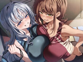 2girls blush breast_press breasts brown_hair commentary_request goggles hair_ornament hairclip holding holding_goggles large_breasts long_hair looking_at_viewer mole mole_under_mouth multiple_girls neshia_(tsaqif0309) open_mouth original purple_eyes smile swim_goggles symmetrical_docking unworn_eyewear white_hair yellow_eyes