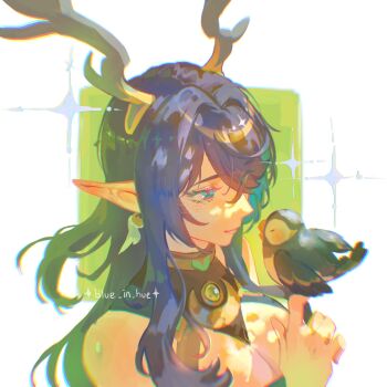 1girl ahblue antlers aqua_eyes aqua_hair artist_name bare_shoulders beak bird blue_dress border breasts brown_choker choker chromatic_aberration circlet cleavage colored_inner_hair commentary deer_antlers deer_girl dress earrings english_commentary eyelashes feathered_wings gem genshin_impact gradient_hair green_background green_gem green_hair hair_over_one_eye hand_up highres horns jewelry large_breasts lauma_(genshin_impact) lips long_hair looking_at_animal multicolored_hair outside_border pendant pointy_ears purple_hair sidelocks simple_background sleeveless sleeveless_dress smile solo sparkle two-tone_hair upper_body wavy_hair white_border wings
