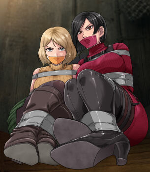 2girls absurdres ada_wong ashley_graham black_hair blonde_hair boots bound gag green_skirt high_heel_boots high_heels highres improvised_gag looking_at_viewer lost_one_zero multiple_girls pantyhose peril resident_evil resident_evil_village restrained short_hair skirt tape tape_bondage tape_gag