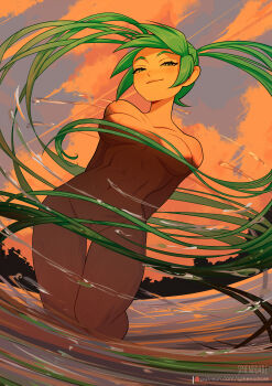 1girl absurdres aqua_hair arms_behind_back blush breasts breasts_apart completely_nude evening hair_censor hatsune_miku highres light_blush long_hair looking_at_viewer medium_breasts nude pussy pussy_peek smile solo sphenodaile thigh_gap twintails very_long_hair vocaloid wet