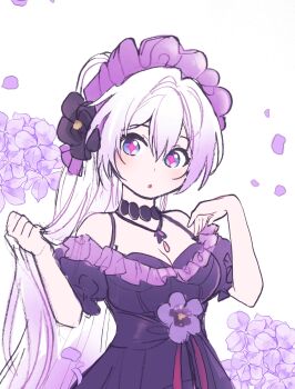 Rule 34 | + +, 1girl, 5rwpvc, bare shoulders, blue eyes, bra strap, breasts, choker, cleavage, dress, flower, hands up, highres, honkai (series), honkai impact 3rd, jewelry, kiana kaslana, necklace, off-shoulder dress, off shoulder, parted lips, petals, puffy short sleeves, puffy sleeves, purple dress, purple flower, short sleeves, solo, upper body, white hair