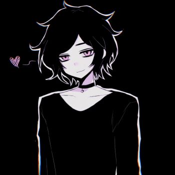 1boy :3 anmo418 arms_at_sides ashley_graves black_background choker chromatic_aberration closed_mouth collarbone feminine film_grain genderswap genderswap_(ftm) hair_flaps heart high_contrast highres long_sleeves looking_at_viewer male_focus monochrome pink_eyes shirt short_hair simple_background solo spot_color the_coffin_of_andy_and_leyley upper_body