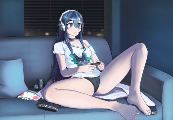 1girl absurdres bare_legs black_choker black_hair black_nails black_panties blue_eyes blue_hair breasts cameltoe can choker controller crotch destoroyar drink_can energy_drink exia_(nikke) full_body game_controller goddess_of_victory:_nikke hair_between_eyes headphones highres holding holding_controller holding_game_controller jacket long_hair medium_breasts off_shoulder panties playing_games shirt single_bare_shoulder sitting snack solo spread_legs thighs underwear unworn_jacket very_long_hair white_shirt window window_blinds