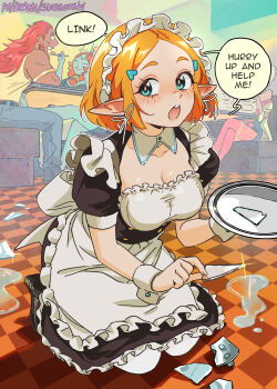 1boy 3girls absurdres alternate_costume apron blonde_hair blue_eyes breasts broken_cup cleavage denim english_text enmaided footjob footjob_under_table frilled_apron frills ganondorf highres jeans long_hair maid maid_apron maid_headdress medium_breasts midna midna_(true) multiple_girls nintendo pants pointy_ears princess_zelda purah rehydrated_ganondorf restaurant shards snegovski stealth_sex tank_top teasing the_legend_of_zelda the_legend_of_zelda:_breath_of_the_wild the_legend_of_zelda:_tears_of_the_kingdom waist_apron white_apron