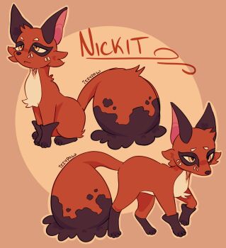 Rule 34 | artist name, brown background, brown eyes, gen 8 pokemon, highres, izzypaw, multiple views, nickit, nintendo, no humans, pokemon, pokemon (creature), red fur, tail