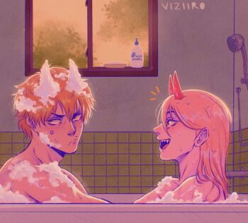 1boy 1girl anger_vein artist_name bathroom bathtub chainsaw_man closed_mouth commentary fangs hair_between_eyes highres horns in_bathtub indoors long_hair looking_at_another mixed-sex_bathing nude open_mouth orange_hair power_(chainsaw_man) red_horns shared_bathing short_hair sitting smile soap_bubbles teeth tile_wall tiles untranslatable_commentary viziiro window