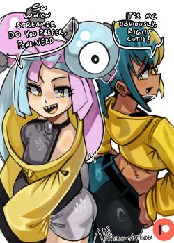 2girls alternate_eye_color aqua_hair artist_name ass_press bandeau black_mask blonde_hair blue_hair bow-shaped_hair breasts canari_(pokemon) center-flap_bangs character_hair_ornament criss-cross_halter criss-cross_straps dark-skinned_female dark_skin english_text fake_hair_bun gen_1_pokemon hair_ornament halter_shirt halterneck hexagon_print highres iono_(pokemon) jacket long_hair long_sleeves magnemite mask mask_pull medium_breasts mouth_mask moxydraws multicolored_hair multiple_girls nintendo open_mouth oversized_clothes pants patreon_logo patreon_username pink_hair pokemon pokemon_legends:_z-a pokemon_sv sharp_teeth short_twintails shorts sleeves_past_fingers sleeves_past_wrists smile speech_bubble split-color_hair teeth trait_connection twintails two-tone_mask two-tone_pants watermark web_address x_(symbol) yellow_bandeau yellow_eyes yellow_jacket yellow_mask